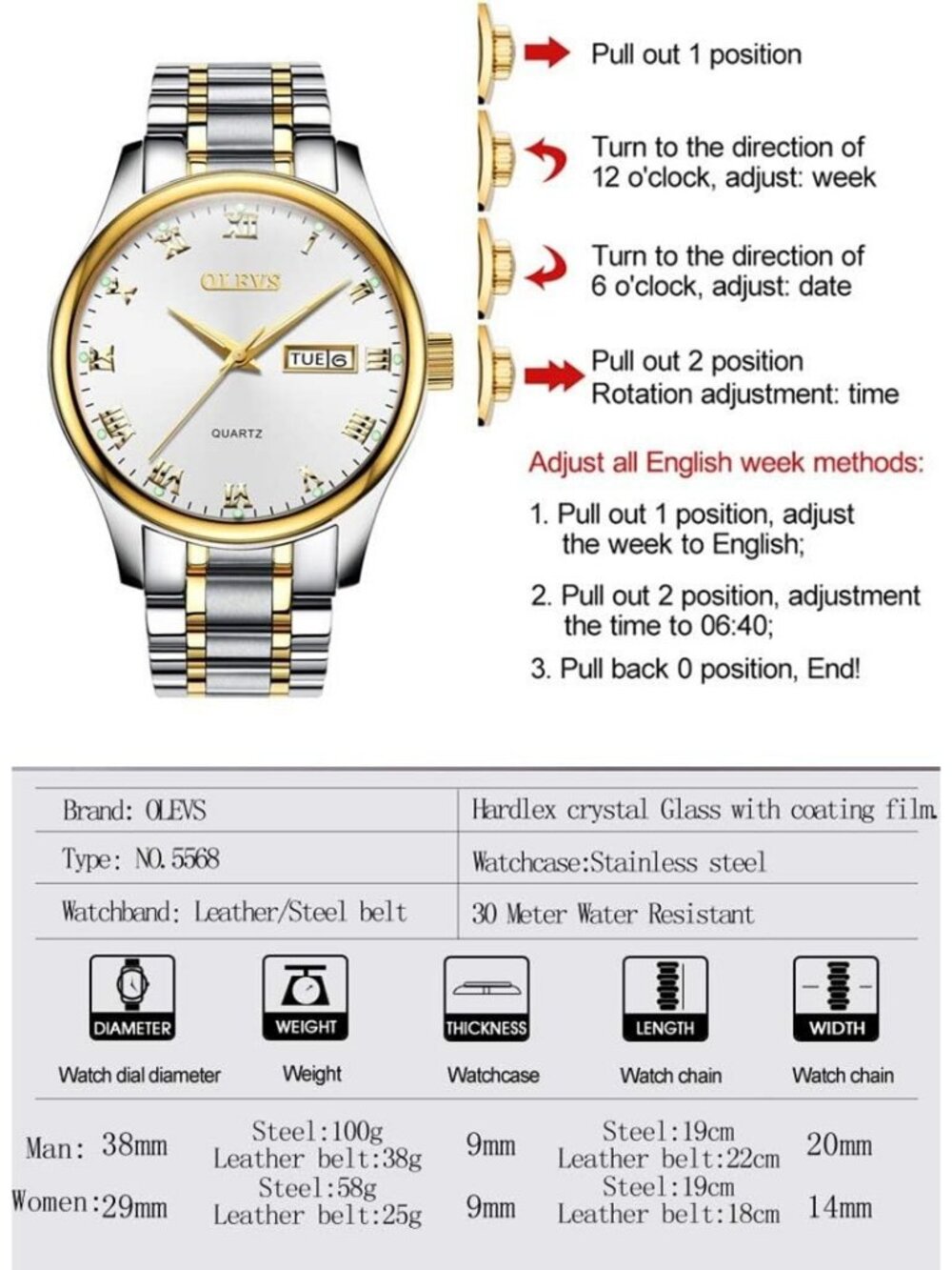 Olevs Men's Gold Silver Stainless Analog Quartz Waterproof Luminous Wrist Watch - Picture 4 of 6
